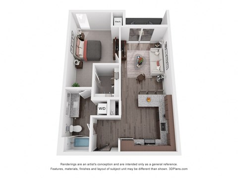 Floor plan for 1 bed, 1 bath, 743 sqft